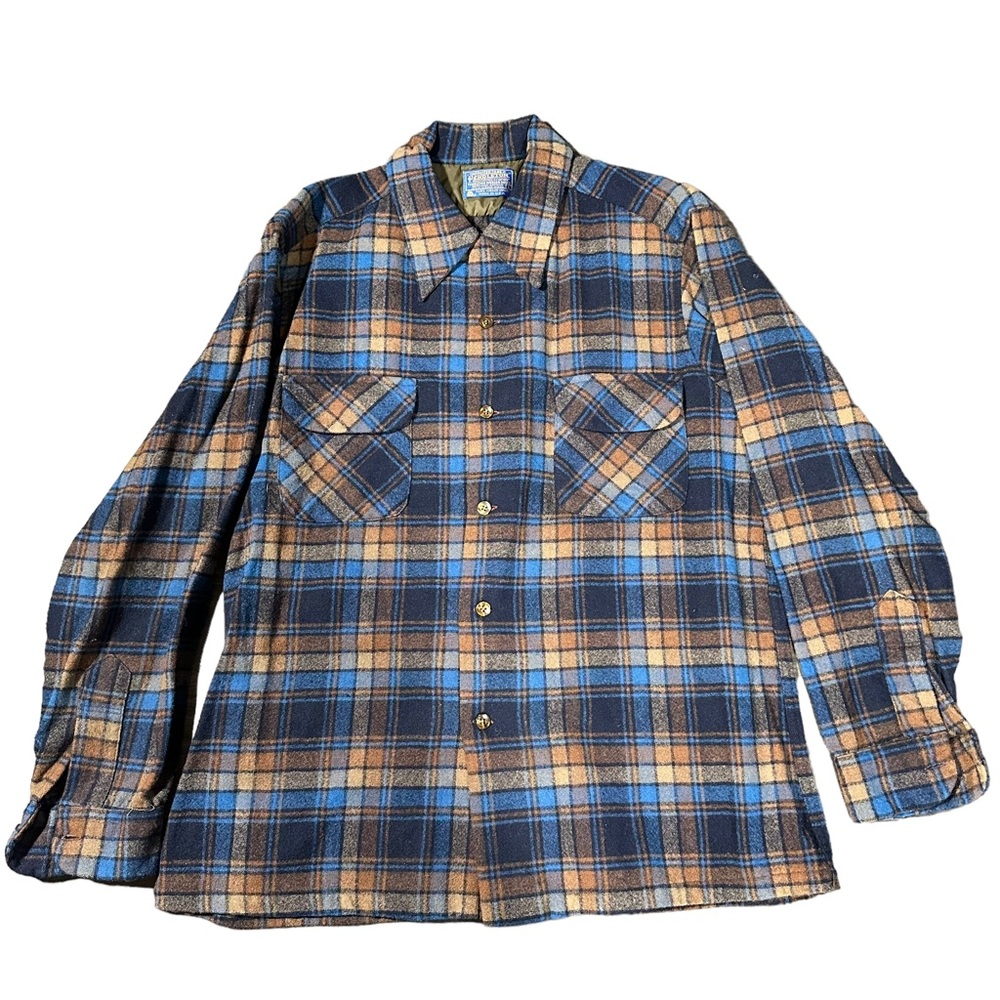 Pendleton Vintage 60s Virgin Wool Plaid Flannel Button Up Shirt Size Large